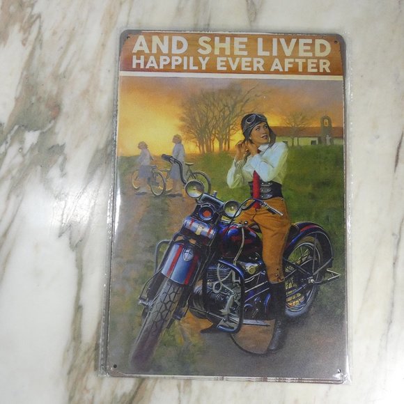 Metal Sign, Vintage Look "And She Lived Happily Ever After" Woman on Motorcycle - Picture 3 of 5
